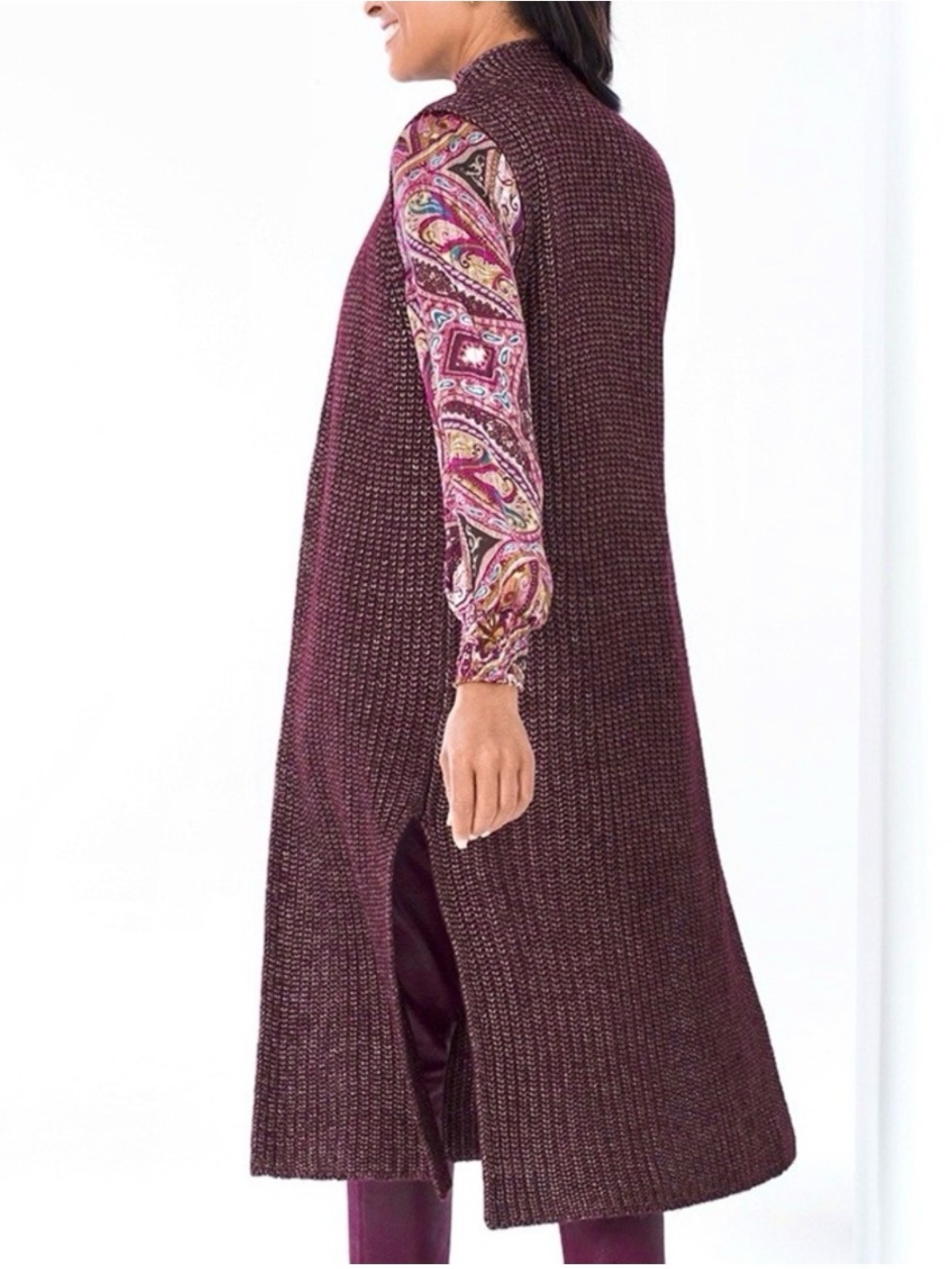 Chico's Sleeveless Open-Front Knit Vest in Deep Wine